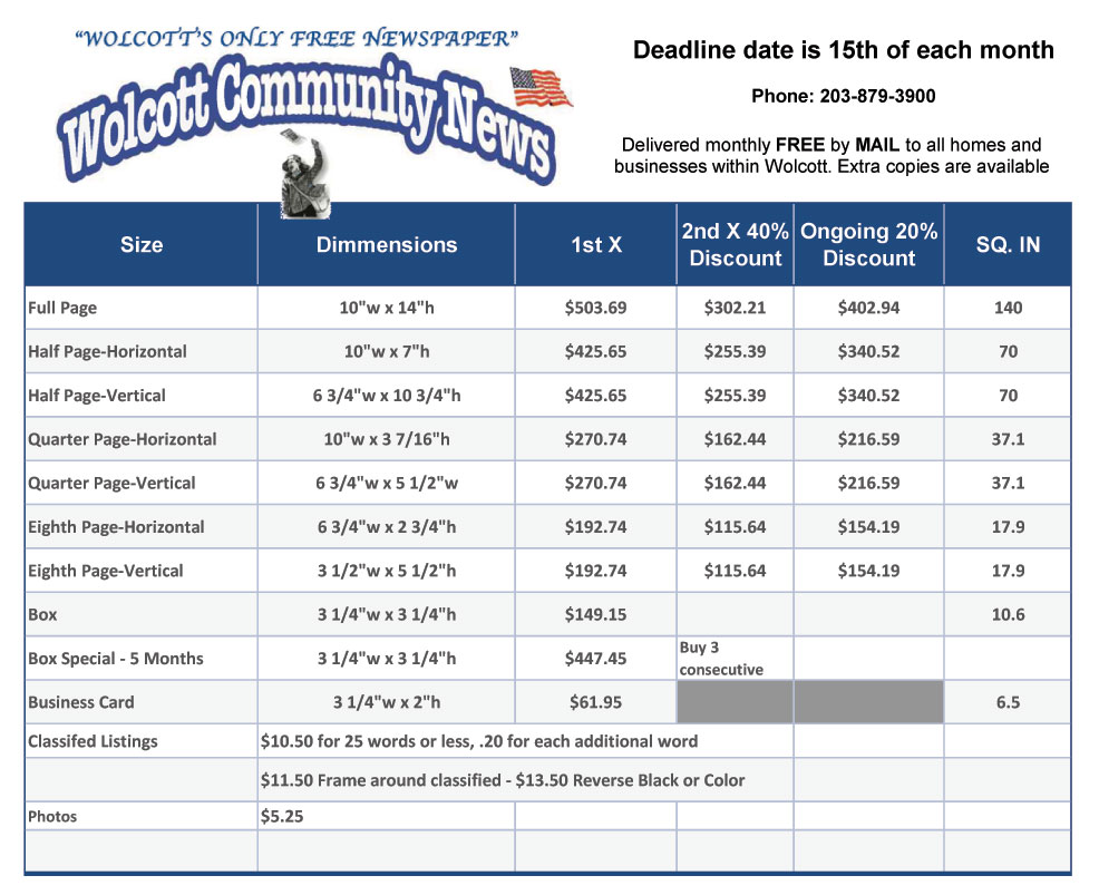 Advertising Rates Policies Wolcott Community News